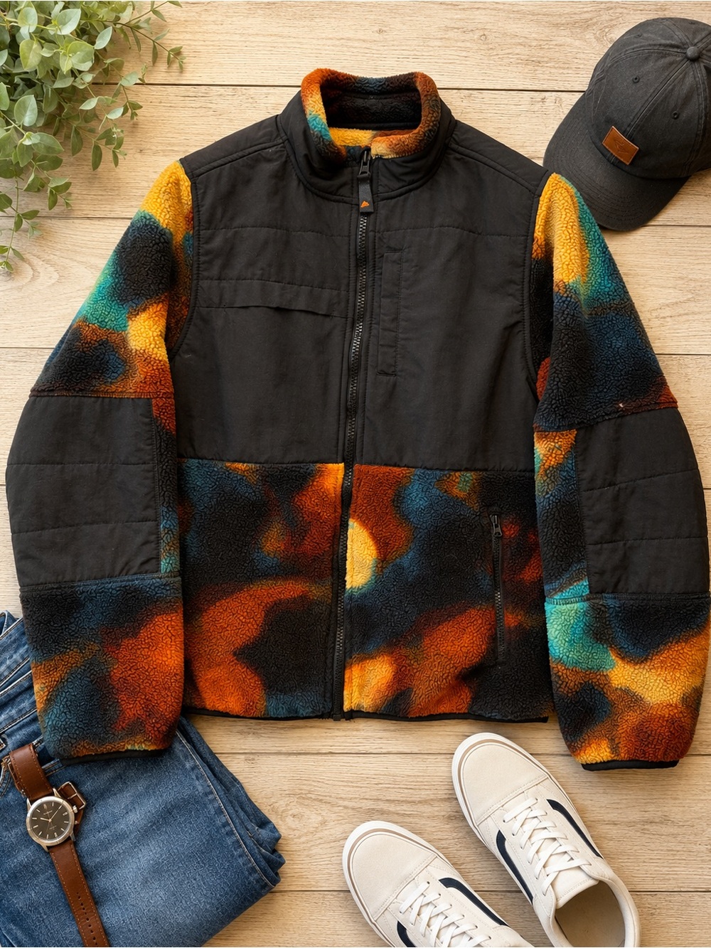 Men's Colorblock Sherpa Jacket - Black with Multi-Color Accents